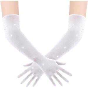 Women's Rhinestone White Sparkly Elbow Length Mesh Long Gloves Party Accessory